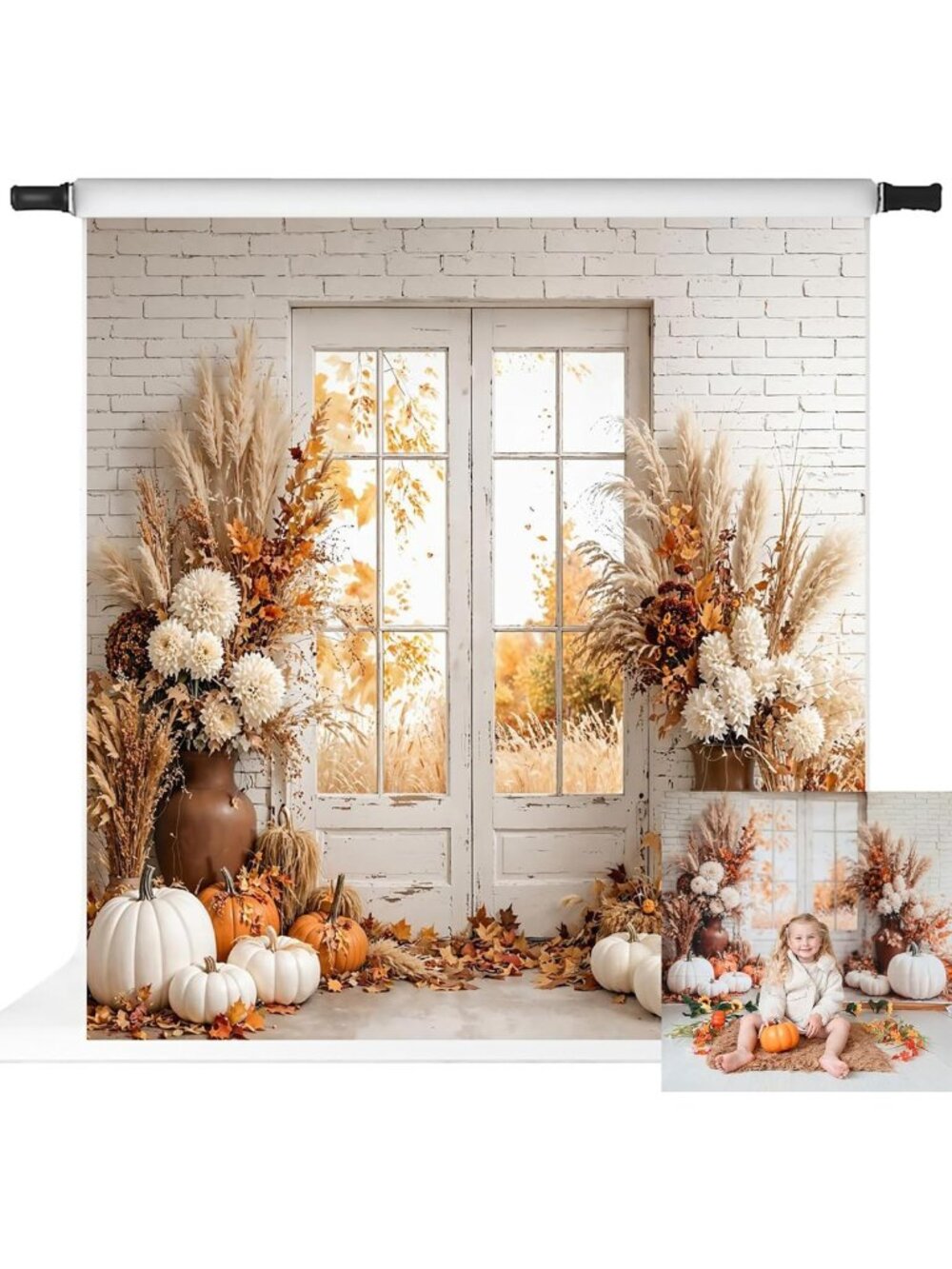 Autumn Harvest Pumpkin Photography Backdrop - Boho White Brick Wall, 8x8ft